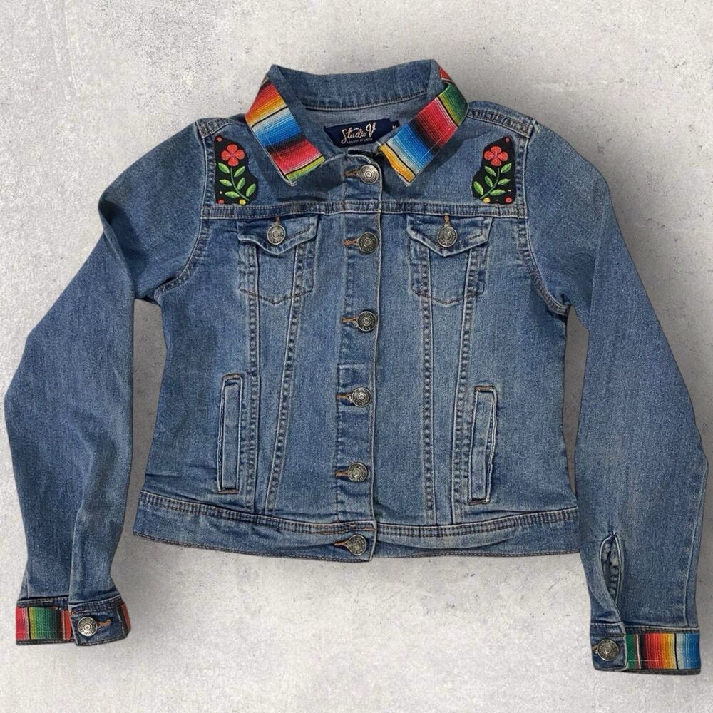 Studio V Girls Denim Jacket Medium Embroidered Floral Serape Trim Boho Western